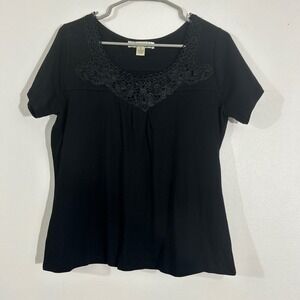 Stephanie Rogers Black Cotton‎ Top Crochet Neckline Short Sleeve Womens Small